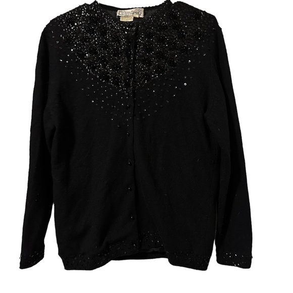 VIVIEN FOREST BLACK BEAD/SEQUIN cardigan EMBELLISHED LINED SZ MEDIUM SO SOFT!! - Picture 1 of 16